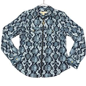Michael Kors Womens Blue Snakeskin Print Zip Front‎ Utility Shirt Blouse Medium